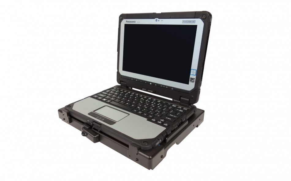 Panasonic Toughbook 20 laptop docking station- angled view with Toughbook 20 computer
