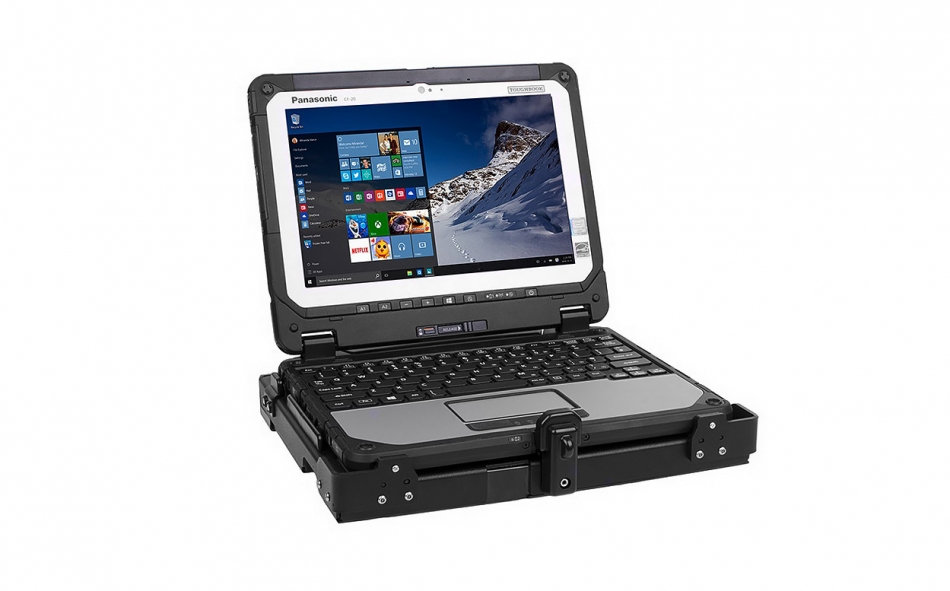 Panasonic Toughbook 20 laptop cradle- angled view with Toughbook 20 computer