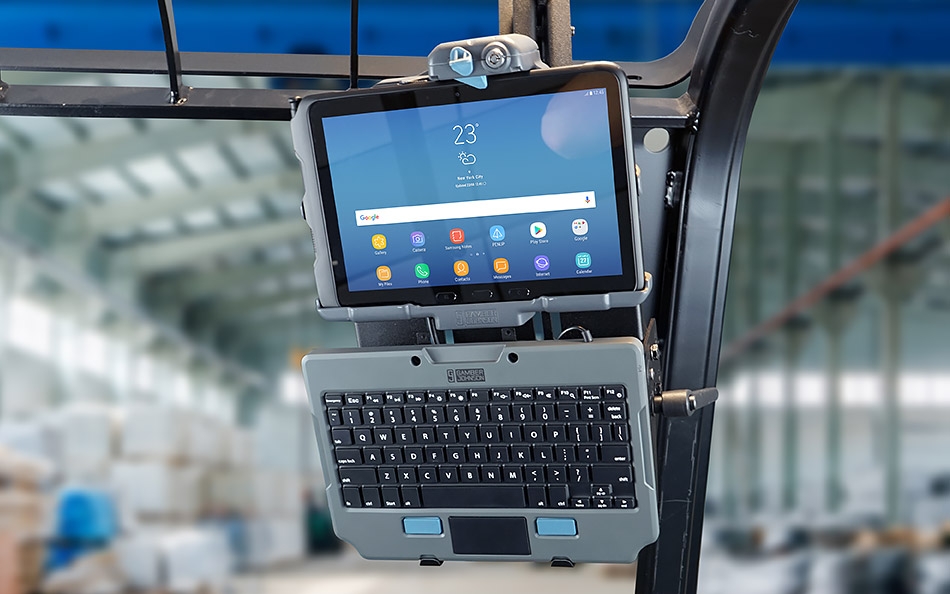 Rugged Lite Keyboard installed on forklift overhead guard bar mount (7160-1156-01) with vertical keyboard mount (7160-1257)with Samsung TA Pro docking Station w MP205 connector(7160-1418-30) 