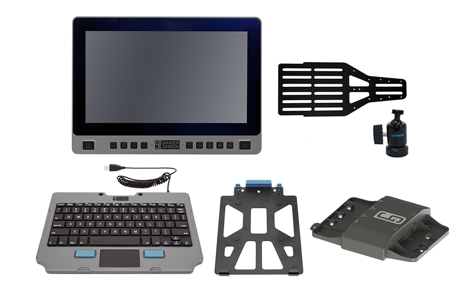 Shows all components of the kit: Touch screen (7160-1451-00), Rugged Lite Keyboard (7160-1449-00), Rugged USB hib(7160-1393), Quick Release keybaord cradle (7160-1470-00), Heads Up Mounting Bracket (18540), Heads Up Articulating munt(7110-12237)