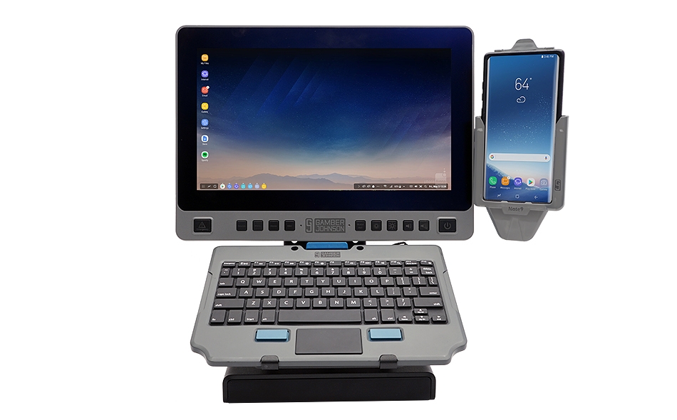 Front facing installed shot on desktop, shows Touchscreen, keybaord, smartphone cradle