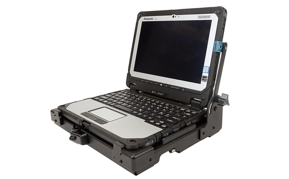 Panasonic Toughbook 20 laptop docking station- angled view with screen support and  computer