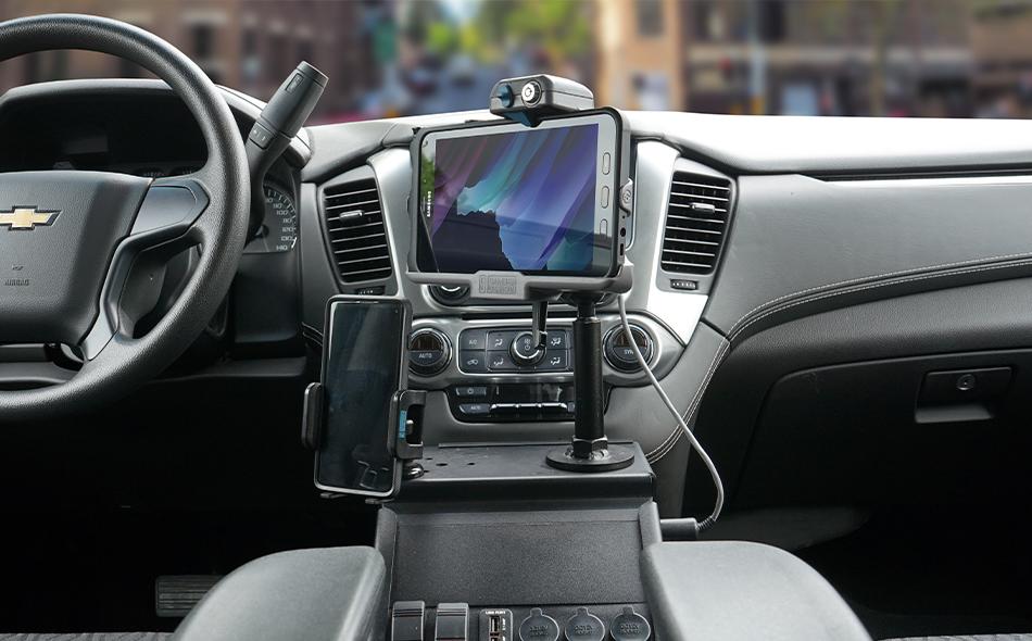 2015+ Tahoe vehicle specific console with Zirkona phone mount and Zirkona console tablet display holding a Samsung Tab Active 2/3 charging cradle