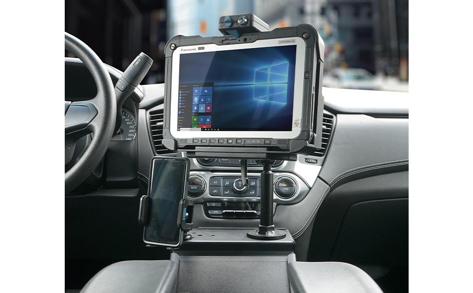 2015+ Tahoe vehicle specific consle with Zirkona phone mount and Zirkona console tablet display holding a Panasonic Slim G1 docking station