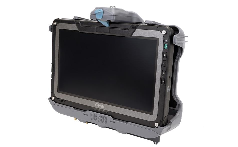 Getac F110 G6 docking station - angled view with tablet