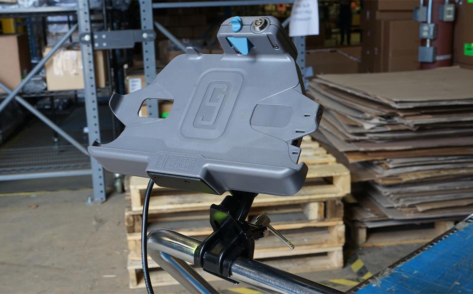 Samsung Tab Active 2/3 charging cradle mouted with the Zirkona clamp, medium 2-down joiner and AMPS plate on an inventory cart
