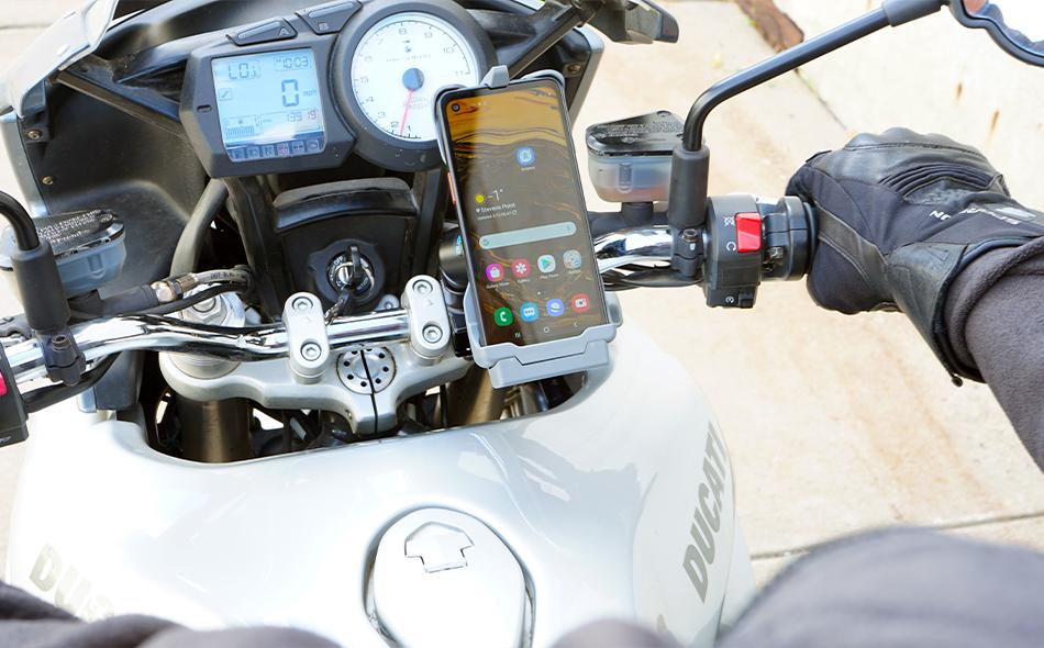Samsung Galaxy XCover Pro Charging Cradle (7160-1488) mounted to a Motorcycle with a Round Clamp