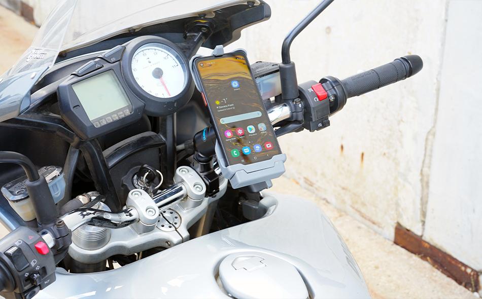Samsung Galaxy XCover Pro Charging Cradle (7160-1488) mounted to a Motorcycle