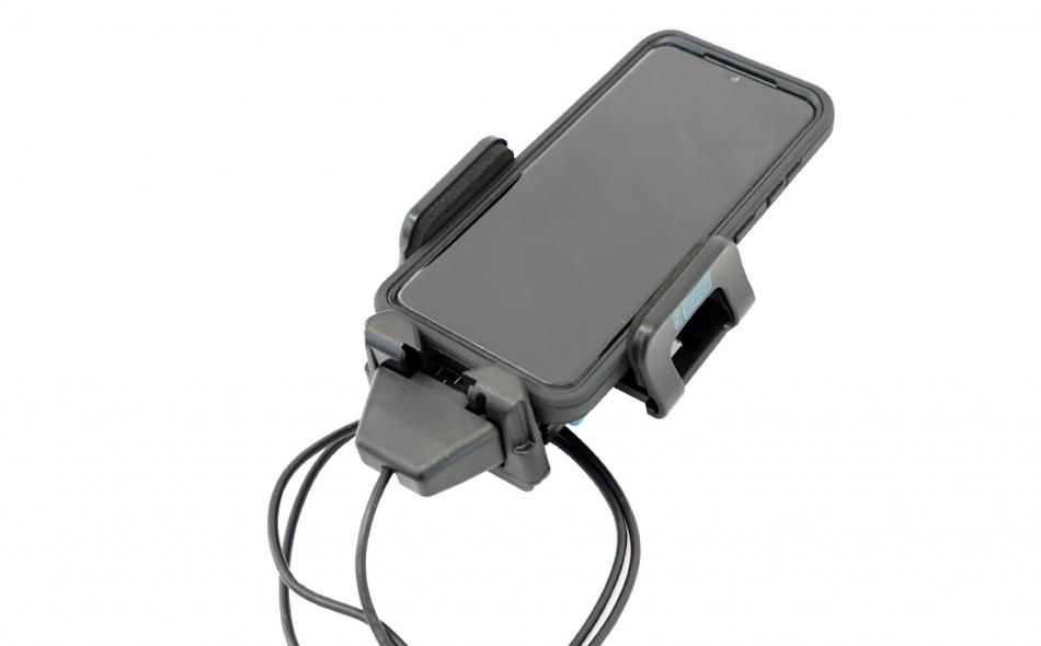 Universal Phone Charging Cradle - angle with device