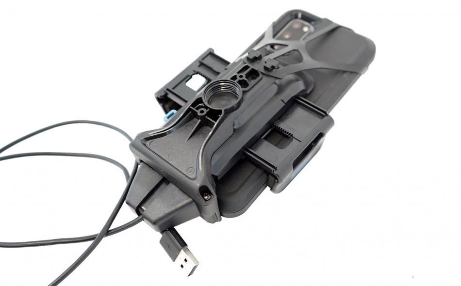 Universal Phone Charging Cradle - back view with device