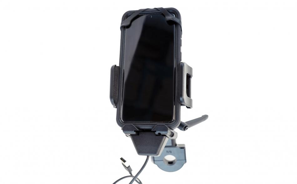 KIT: Universal Phone Charging Cradle with Zirkona Joiner and 7/8" Round Clamp with device - front