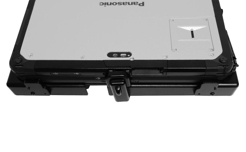 Panasonic Toughbook 20 laptop docking station-closeup view of front latch with Toughbook 20 computer closed