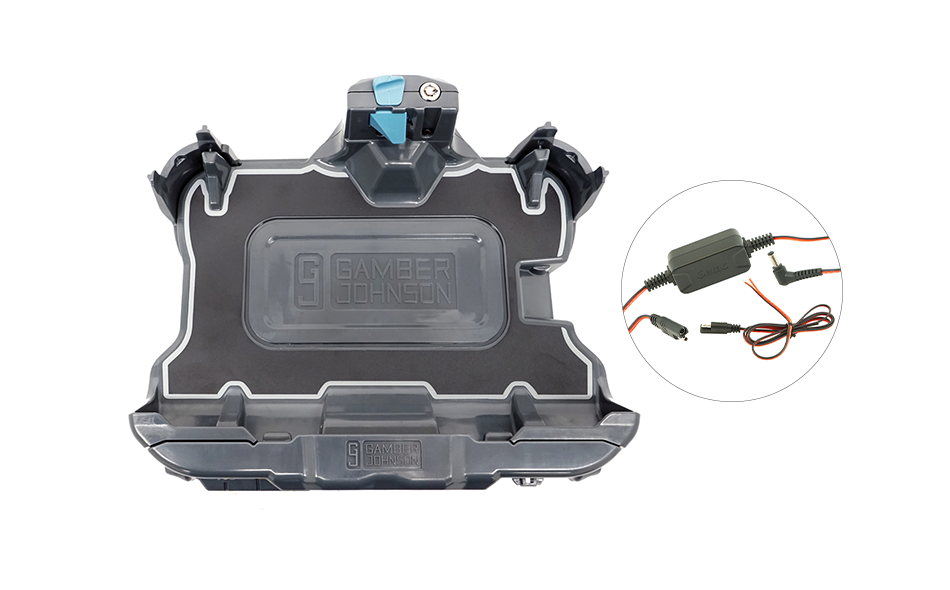 On white of Getac ZX10 Vehicle Docking Station with Getac 65W Auto Power Adapter with Bare Wire Lead (No RF)