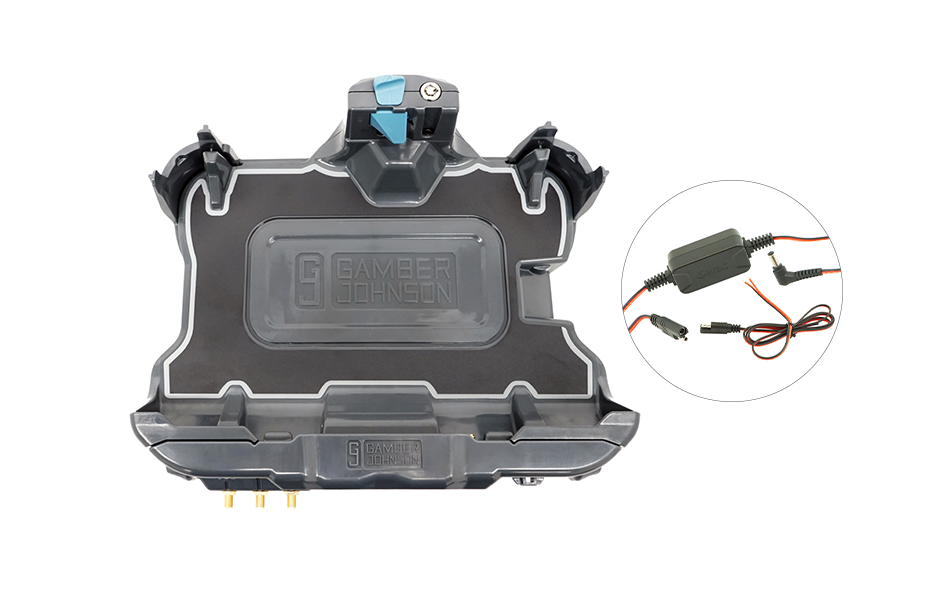 On white of Getac ZX10 Vehicle Cradle (no electronics) with Getac 65W Auto Power Adapter with Bare Wire Lead (Tri RF)