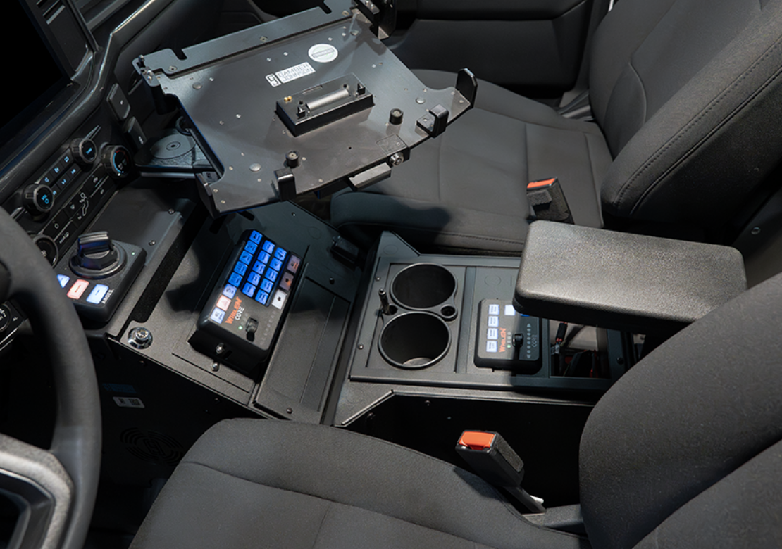 2021+ Ford F-150 Wide-To-Narrow Console Box with Printer Mount, Cup Holder, Tall Armrest & Mongoose XLE 9