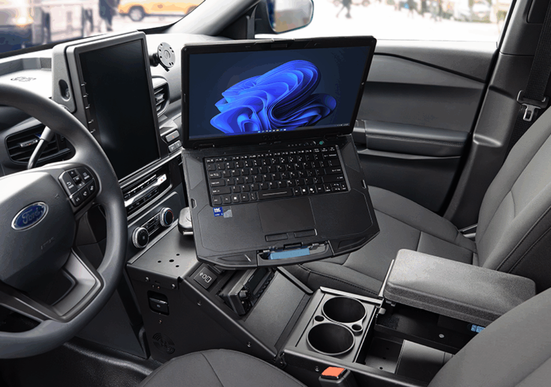 Open Getac S510 Laptop in a Stealth Black Gamber-Johnson Dock in a Ford PIU