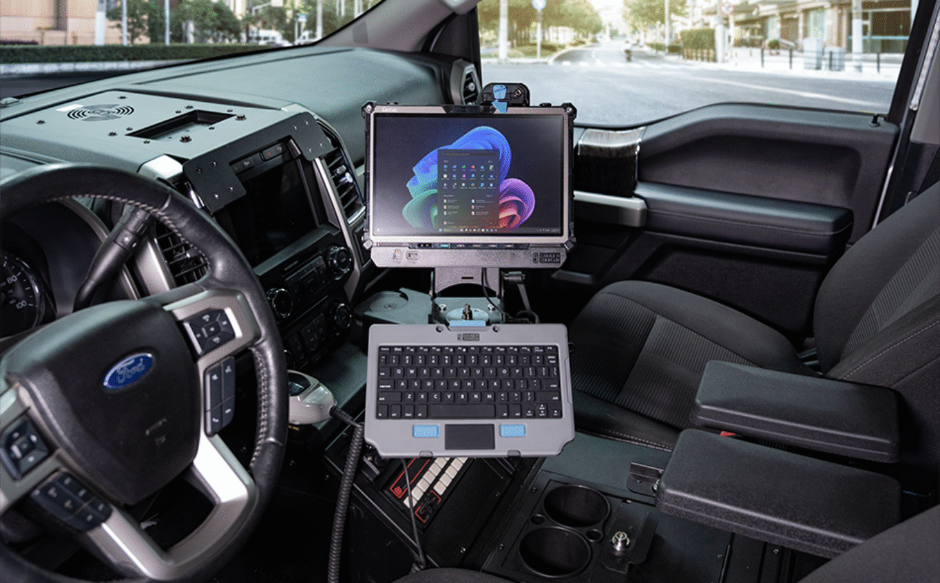 Getac F120 Tablet Docking Station in a Ford F-250 with Tablet and Gamber-Johnson Keyboard