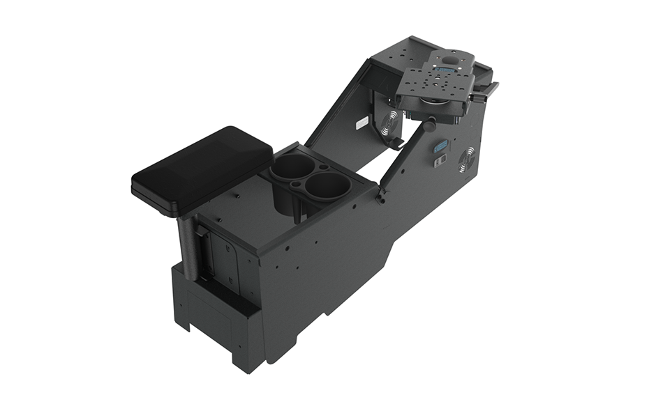 Kit: 2020+ Ford Police Interceptor® Utility Low-Profile Console Box with Cup Holder, Side Armrest & Slide Arm Clevis