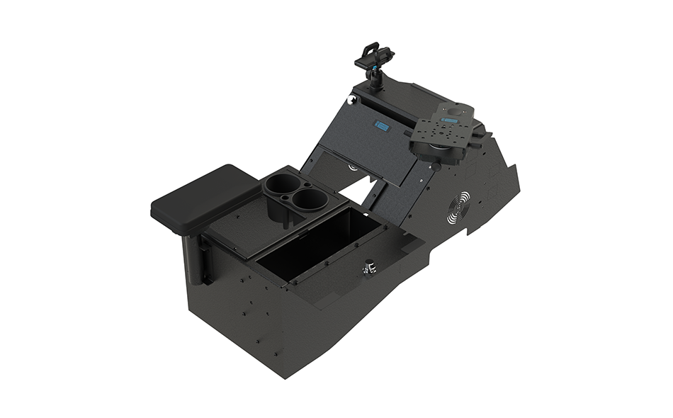 2021+ Ford F150 & F250-550 Wide Body Console Box Kit with Magnetic Phone Holder, Printer Mount, Cup Holder, Rear Armrest, and Mongoose®-9" Locking Slide Arm with Short Clevis